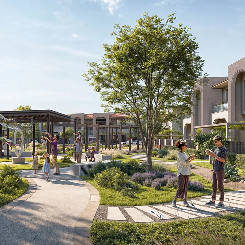 Families in the landscaped park at South Hill by Modon