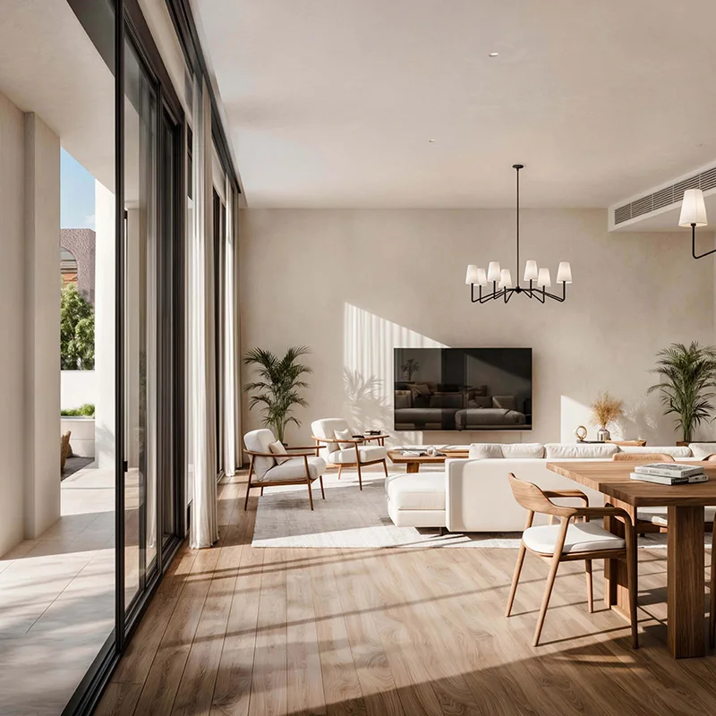 Living and dining room inside a 4-bedroom South Hill townhouse